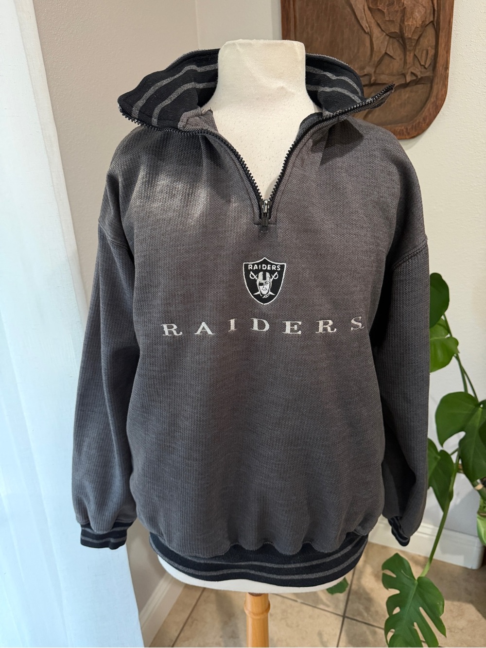 Vintage Oakland Raiders Quarter Zip Pullover Large Gray NFL Football